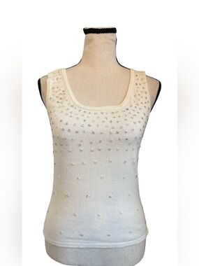 Pure Design Ivory Rhinestone Embellished Sleeveless Knit Tank Top L